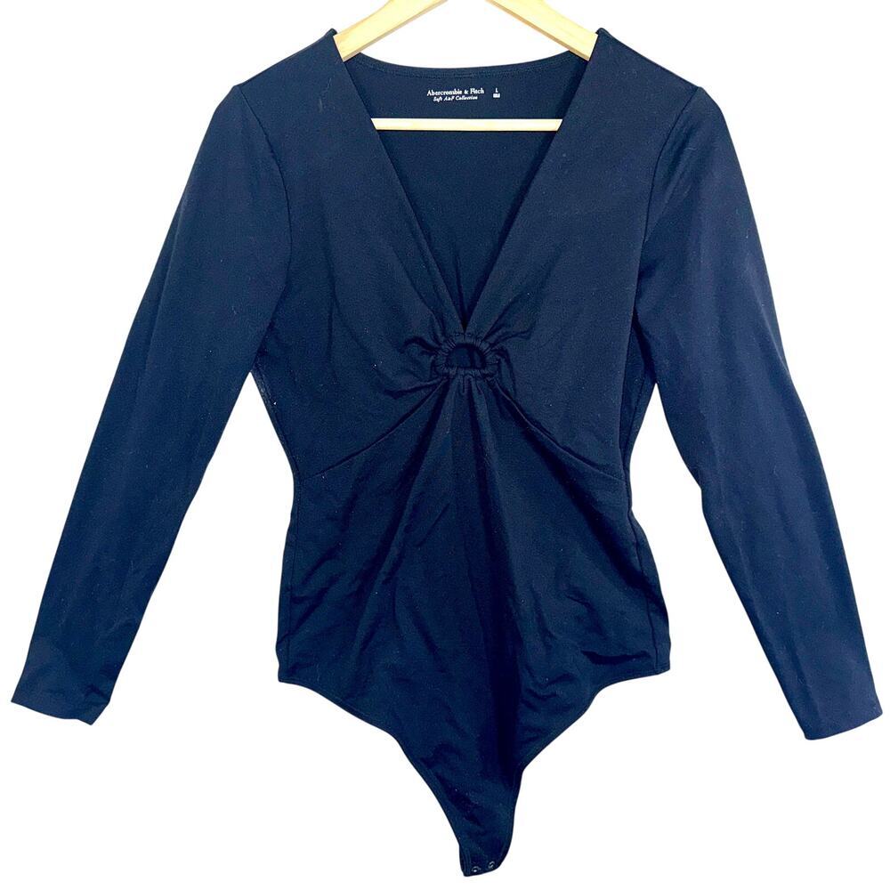 Abercrombie & Fitch Soft AF Black V-Neck Long Sleeve Bodysuit Top Womens Size L